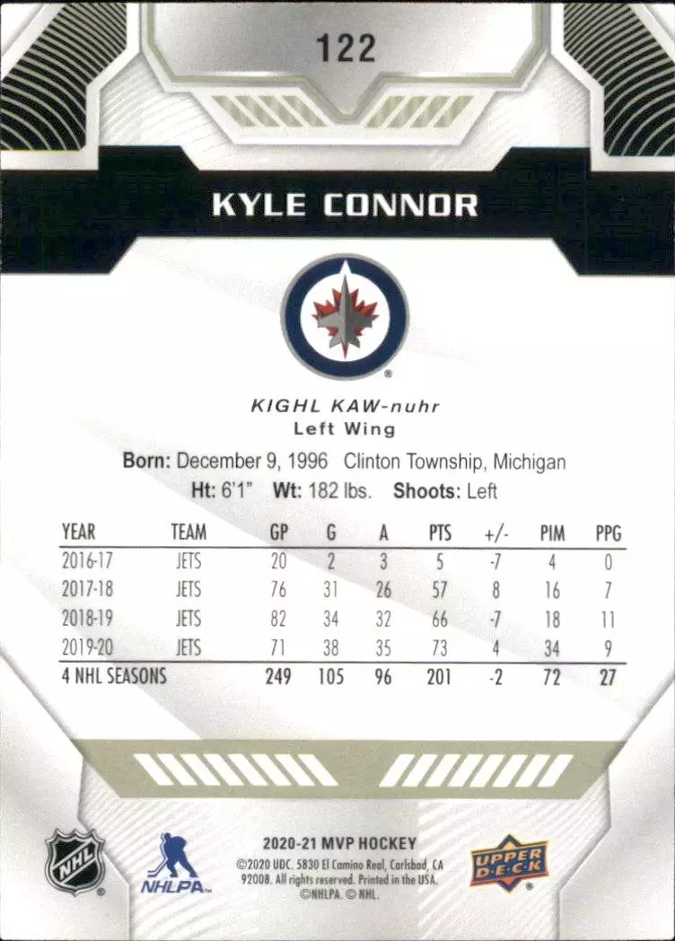 2020-21 Upper Deck MVP #122 Kyle Connor 1