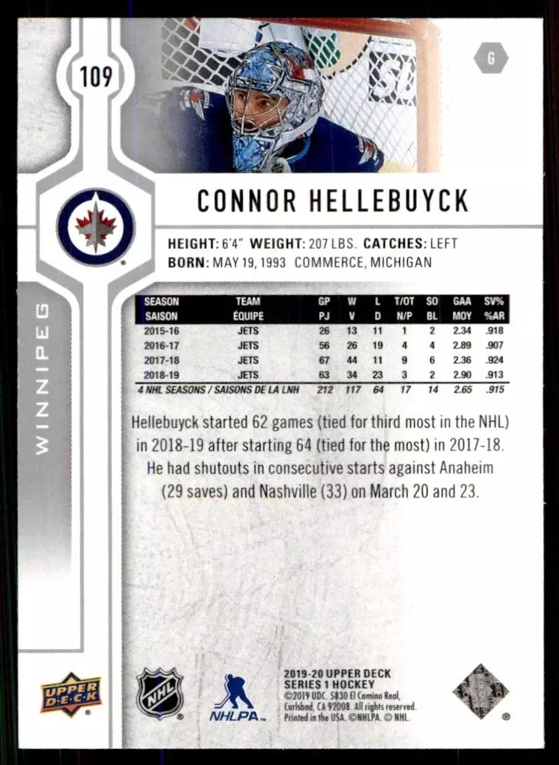 2019-20 Upper Deck #109 Connor Hellebuyck 1