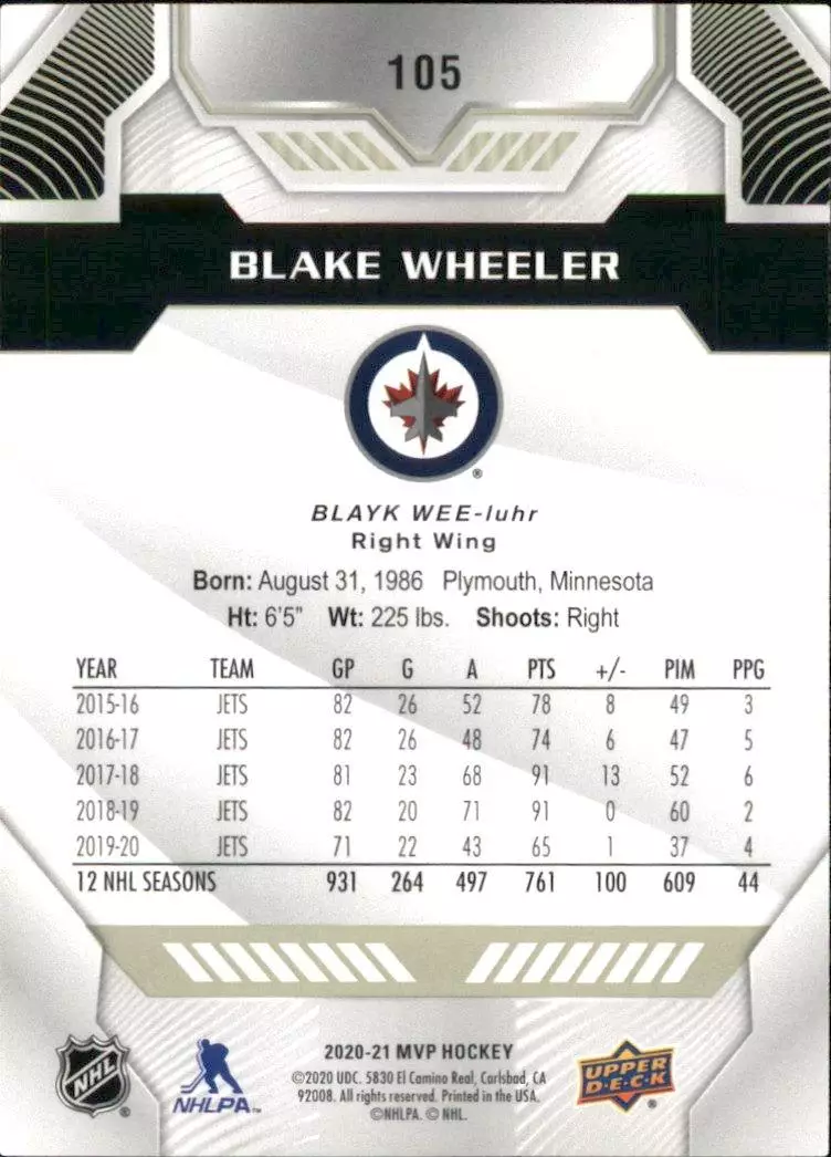2020-21 Upper Deck MVP #105 Blake Wheeler 1