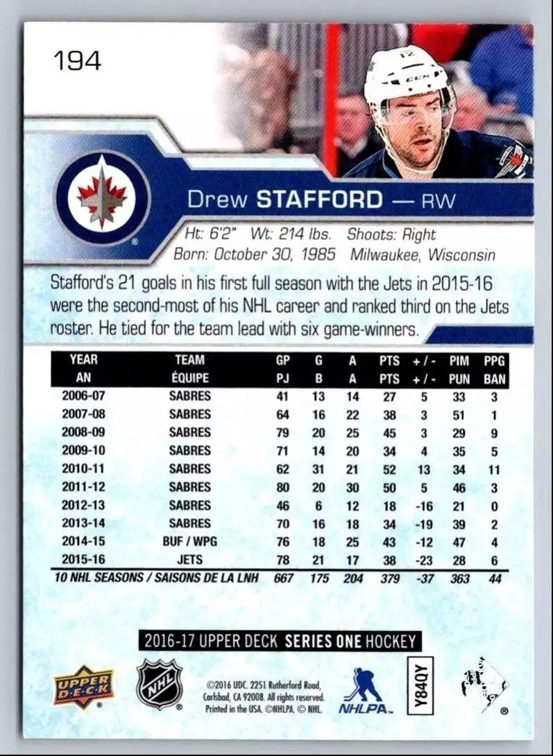 2016-17 Upper Deck #194 Drew Stafford 1