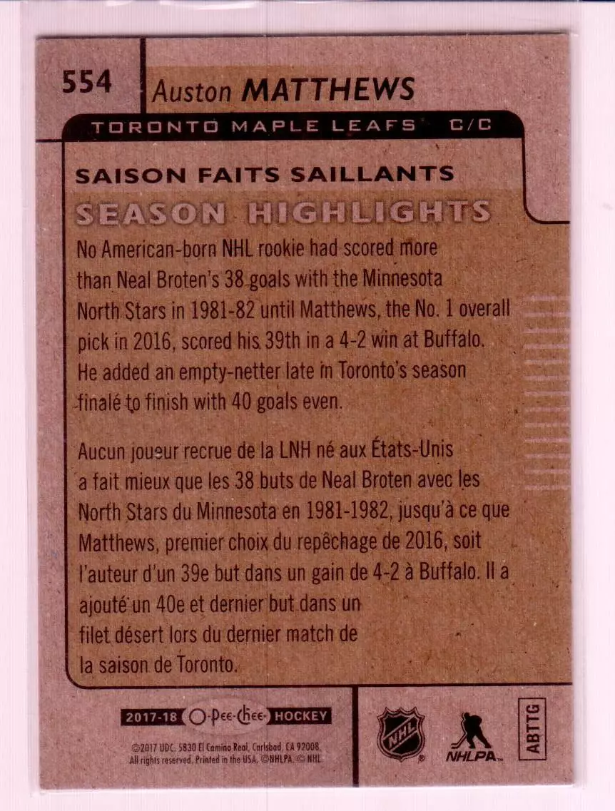 2017-18 O-Pee-Chee #554 Auston Matthews SH 1