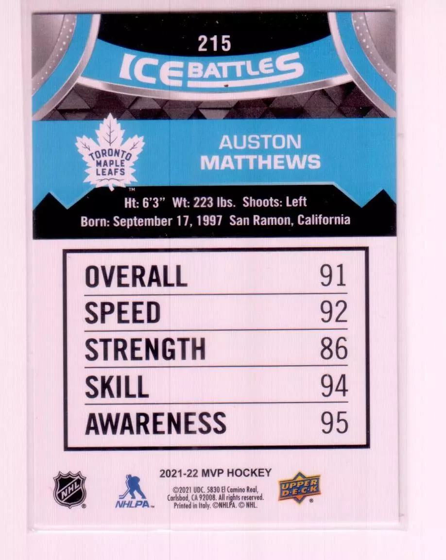2021-22 Upper Deck MVP Ice Battles #IB215 Auston Matthews SP 1
