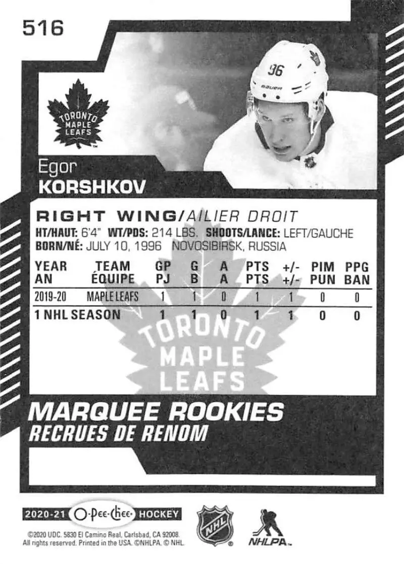 2020-21 O-Pee-Chee #516 Egor Korshkov RC 1