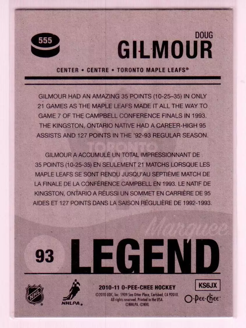 2010-11 O-Pee-Chee #555 Doug Gilmour L 1