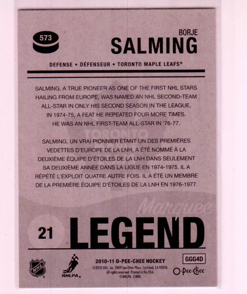 2010-11 O-Pee-Chee #573 Borje Salming L 1