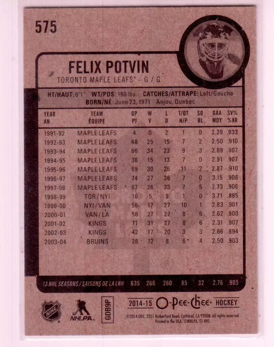 2014-15 O-Pee-Chee #575 Felix Potvin 1