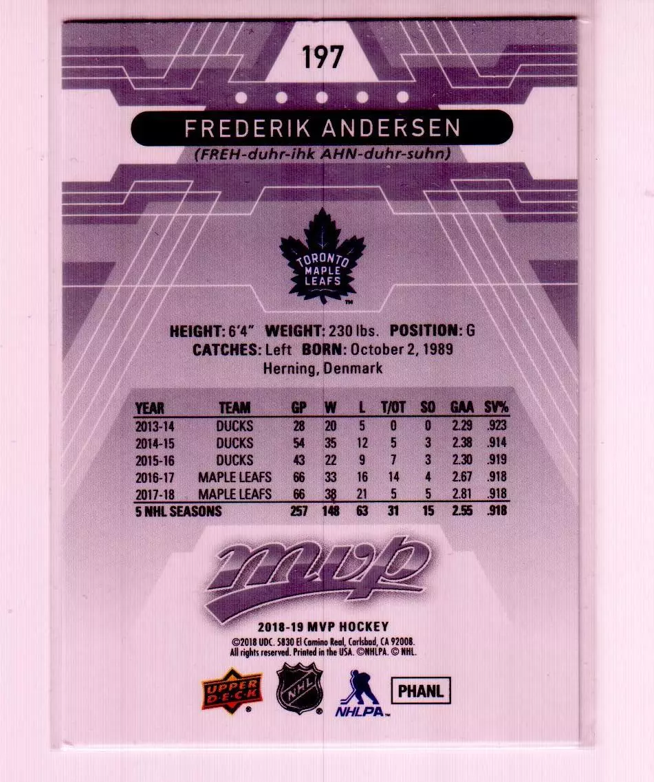2018-19 Upper Deck MVP Silver Script #197 Frederik Andersen 1