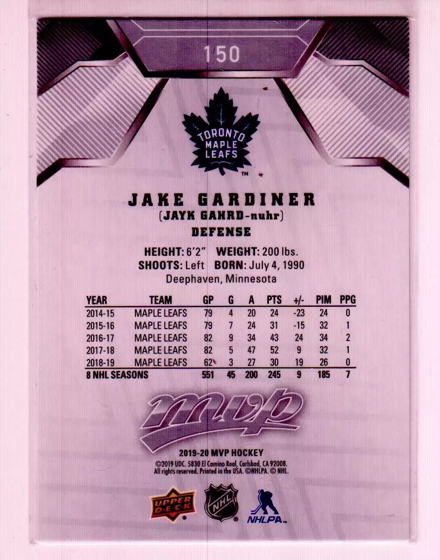 2019-20 Upper Deck MVP Silver Script #150 Jake Gardiner 1