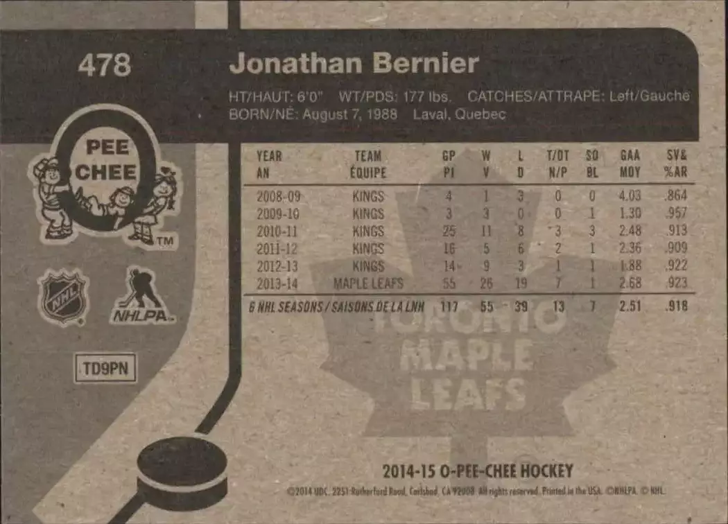 2014-15 O-Pee-Chee Retro #478 Jonathan Bernier 1