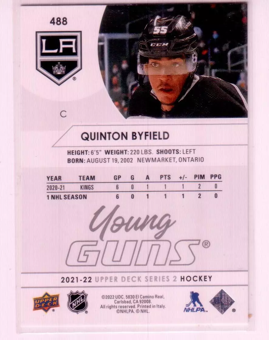 2021-22 Upper Deck #488 Quinton Byfield YG RC 1