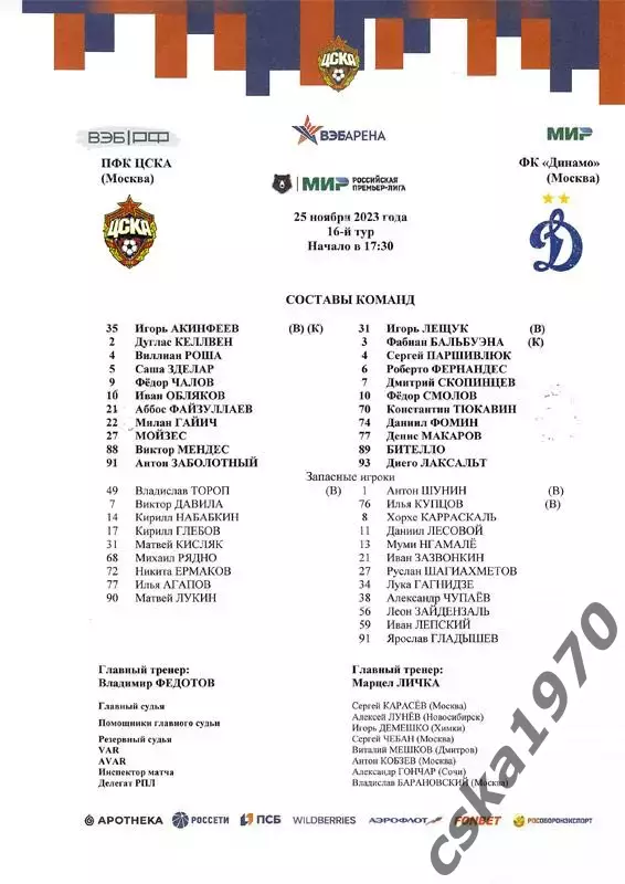 ЦСКА - Динамо Москва 25.11.2023 Стартовый протокол