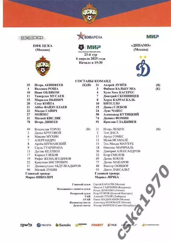 ЦСКА - Динамо Москва 06.04.2025 Стартовый протокол