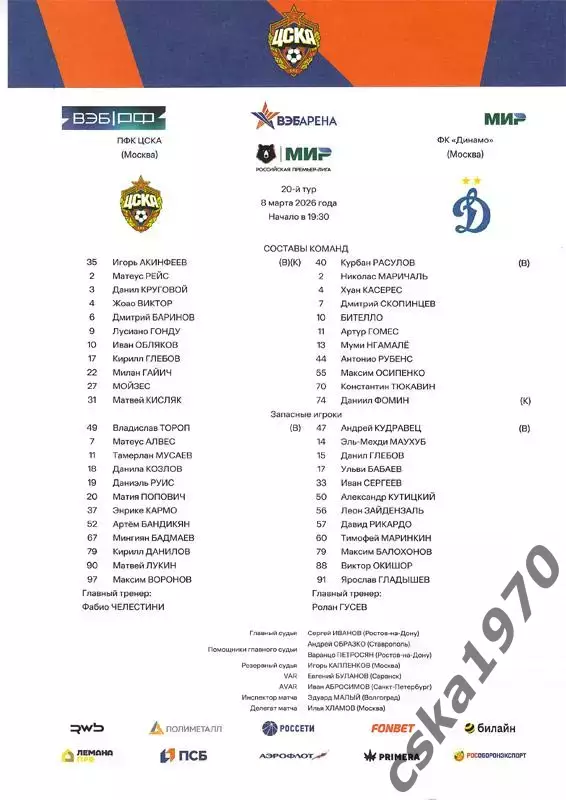 ЦСКА - Динамо Москва 08.03.2026 Стартовый протокол