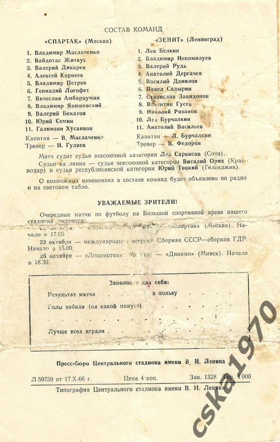 Спартак Москва- Зенит Ленинград 19.10.1966 1
