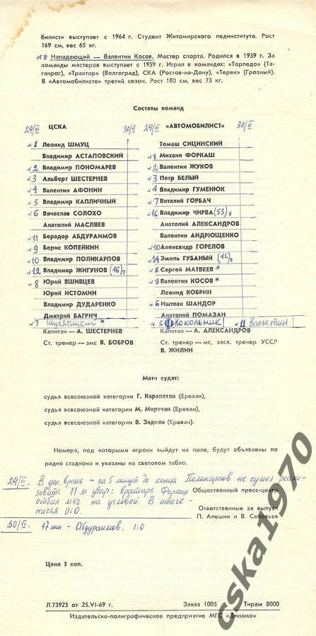 ЦСКА - Автомобилист Житомир. 29.06.1969 г. Кубок СССР.Ст-н Динамо 1