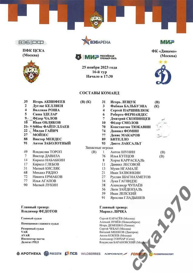 ЦСКА -Динамо Москва 25.11.2023 Стартовый протокол