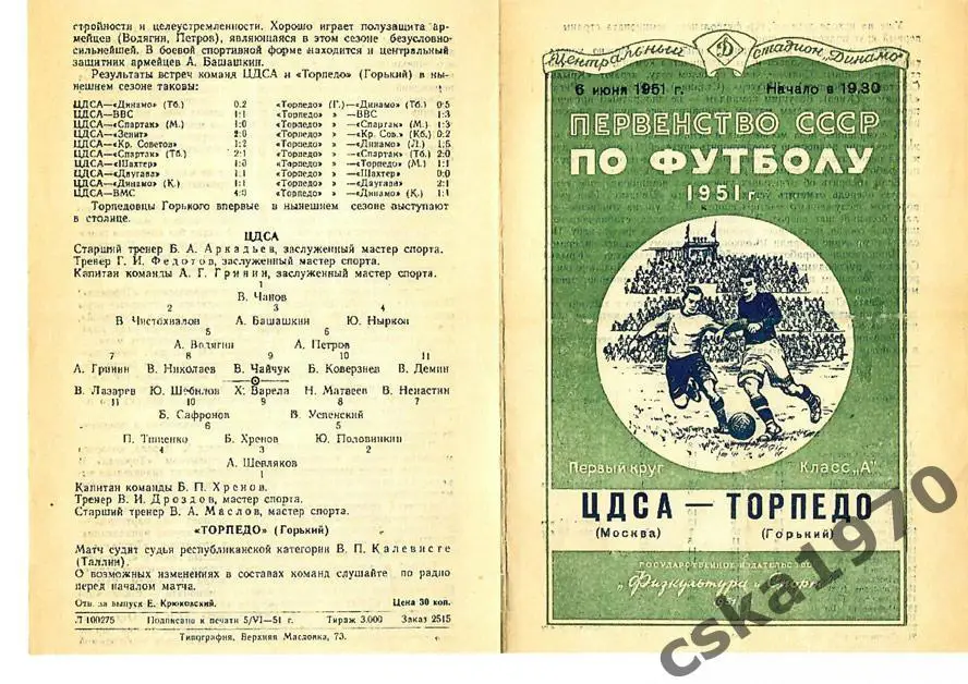 ЦДСА (ЦСКА) - Торпедо Горький 1951 Копия!!!!