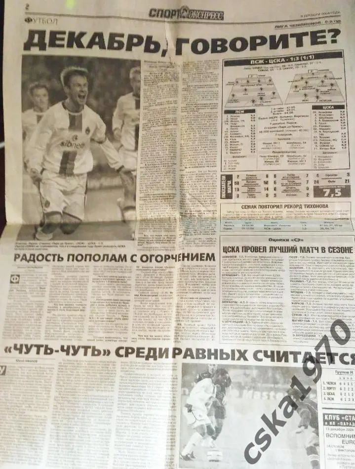 Спорт Экспресс №283 . 9 декабря 2004 . ПСЖ-ЦСКА 1-3 1