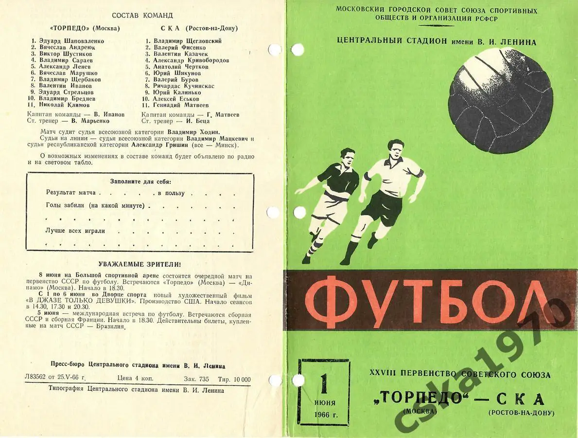 Торпедо Москва - СКА Ростов 1.06 1966