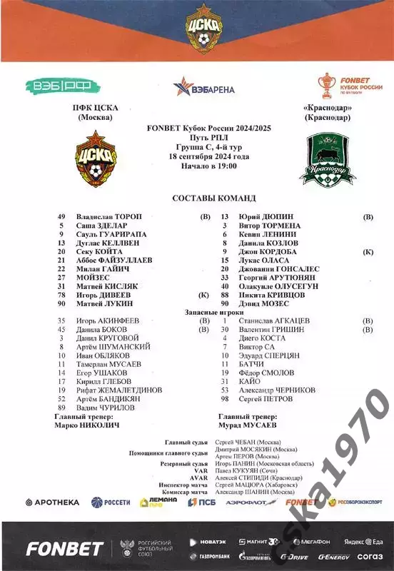 ЦСКА - Краснодар 18.10.2024 Стартовый протокол Кубок России