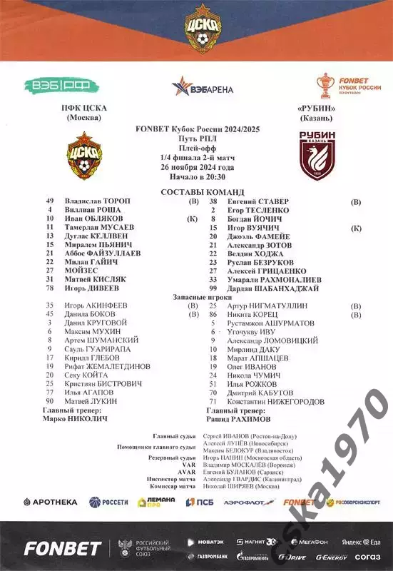 ЦСКА - Рубин Казань 26.11.2024 Стартовый протокол Кубок России