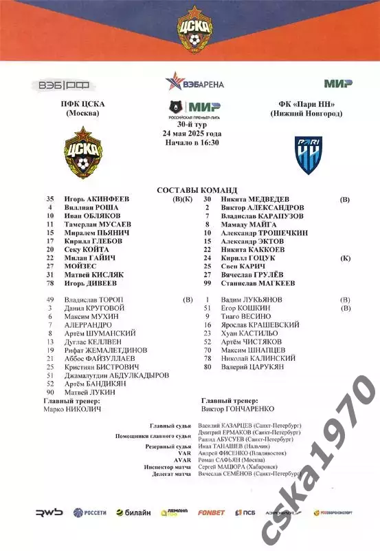 ЦСКА - ФК Пари НН Нижний Новгород 24.05.2025 Стартовый протокол