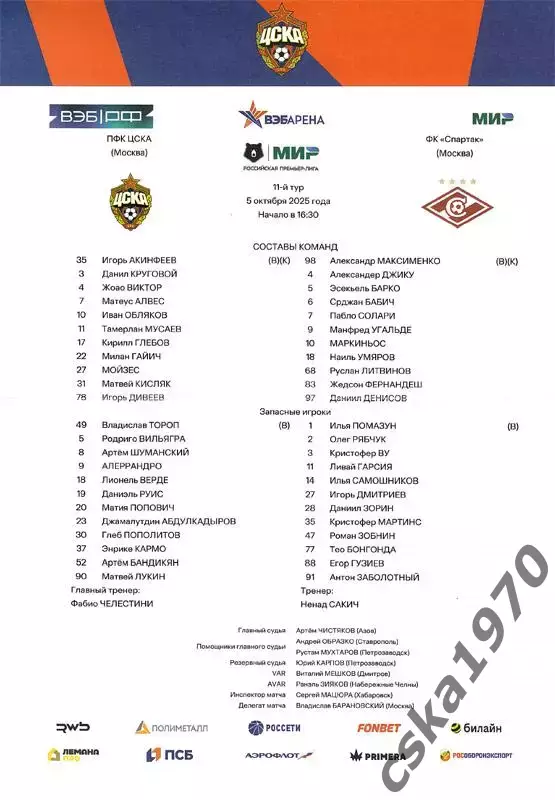 ЦСКА - Спартак Москва 5.10.2025 Стартовый протокол