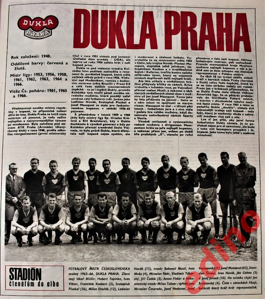 журнал Стадион 1966г. № 24 ДУКЛА ПРАГА Чемпион ЧССР 1966 1