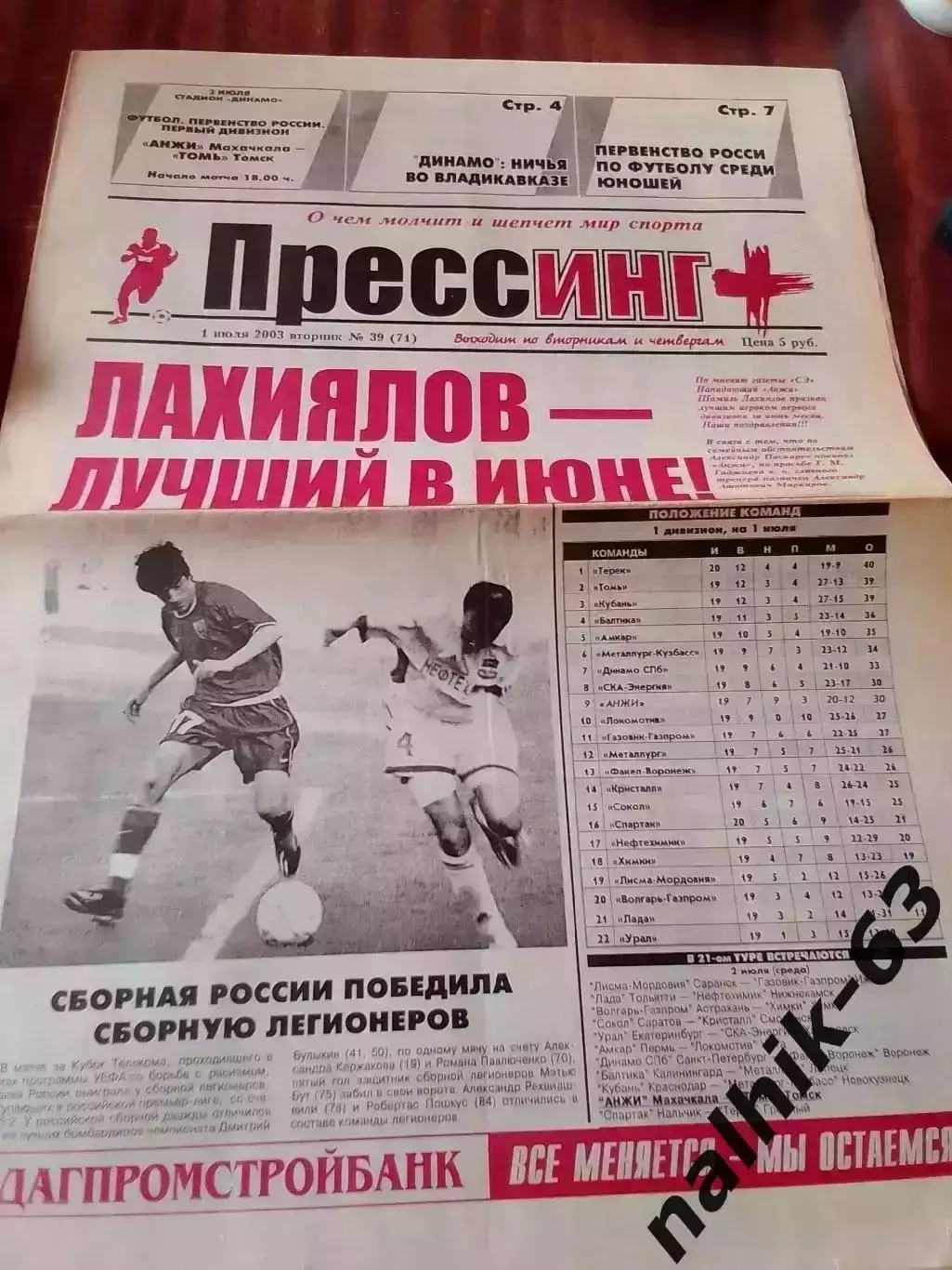 Санкт-Петербург, ЦСКА Москва\Газета Прессинг Махачкала от 1 июля 2003 года