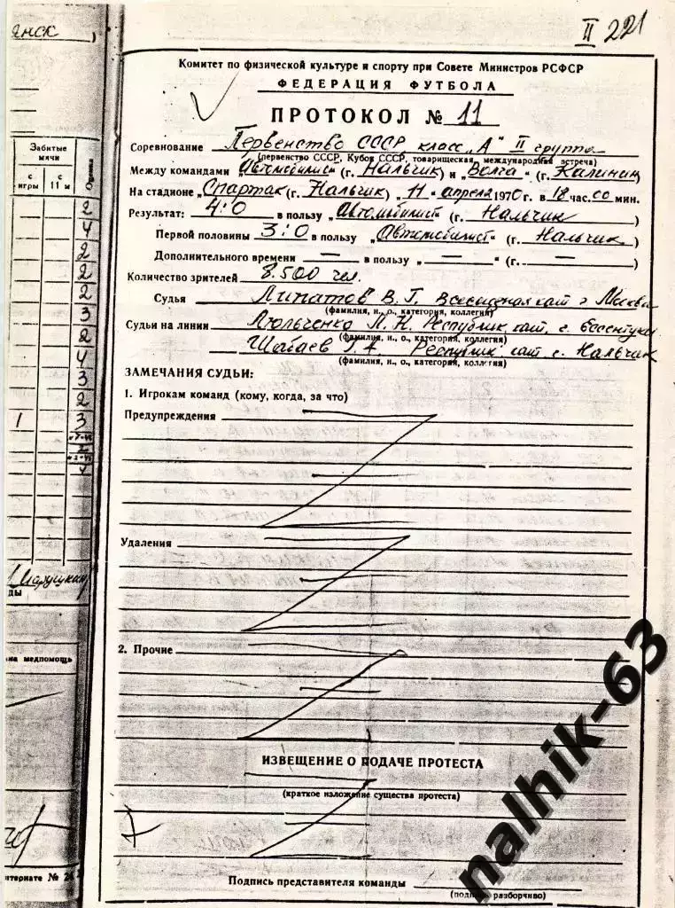 Автомобилист Нальчик-Металлург Липецк 1970 год оба протокола