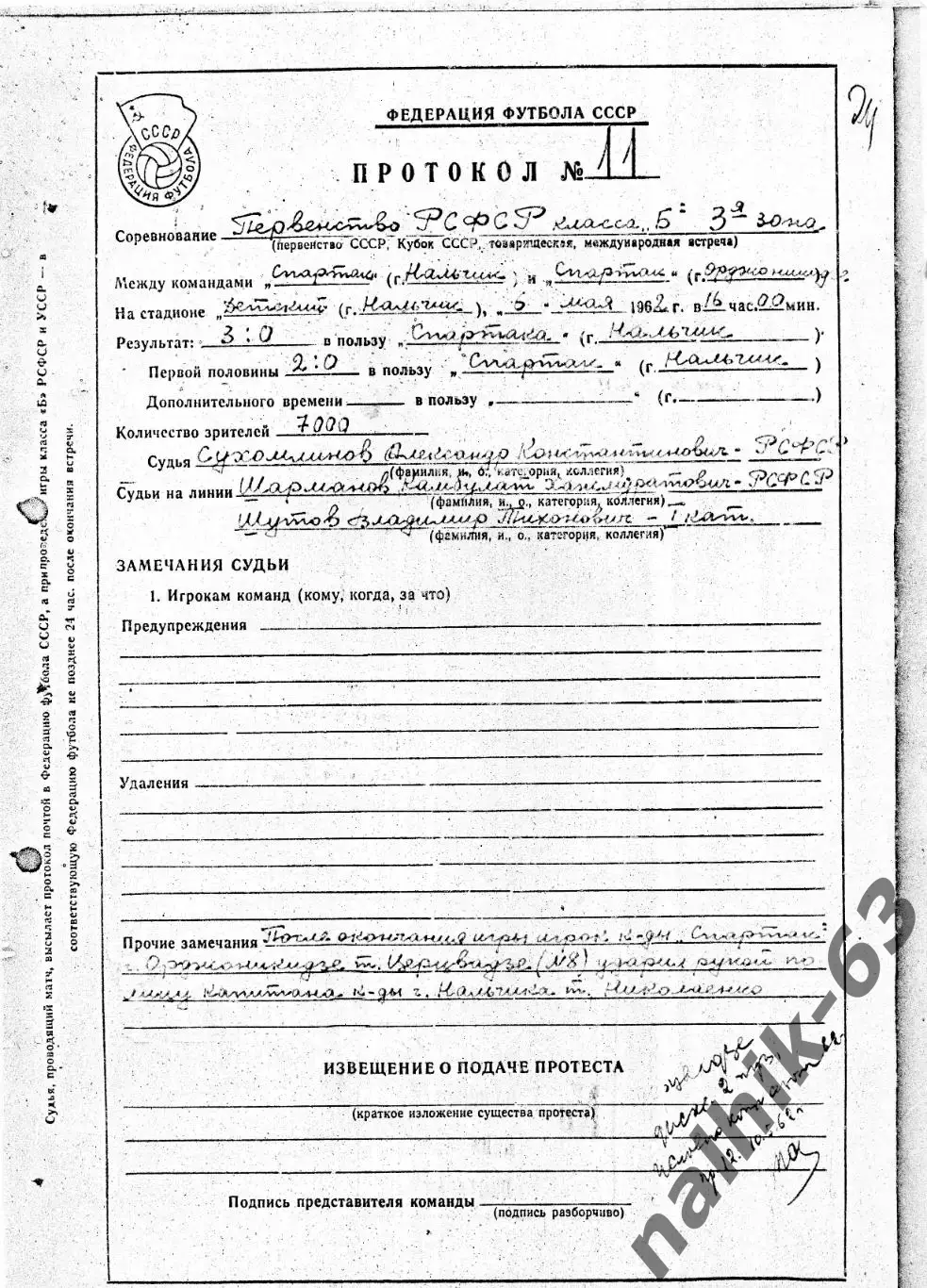 Спартак Нальчик-Спартак Краснодар 1962 год 2 протокола