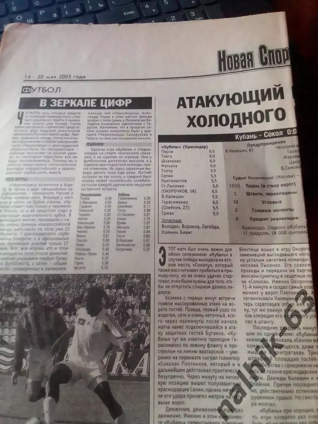 Кубань Краснодар-Сокол Саратов 2003 год газетный отчет