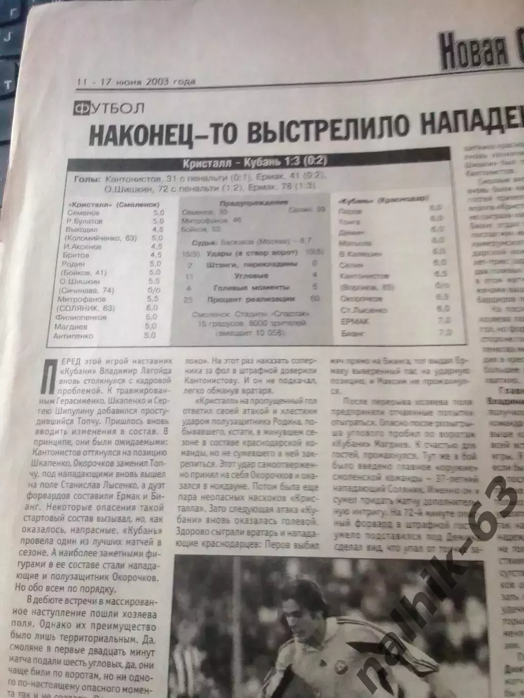 Кристалл Смоленск-Кубань Краснодар 2003 год газетный отчет