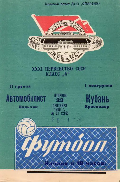 кубань краснодар-автомобилист нальчик 1969 год