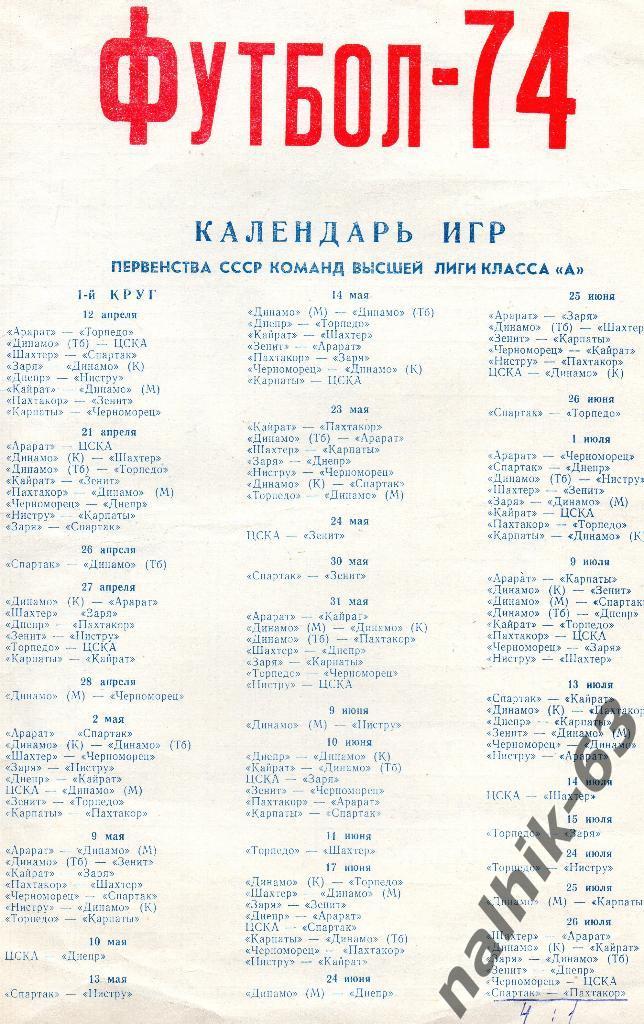 Календарь игр 1974 год высшая лига Лужники