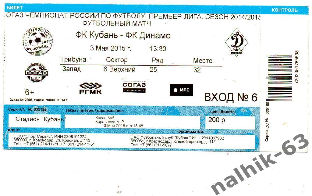 Кубань Краснодар-Динамо Москва 3 мая 2015 год
