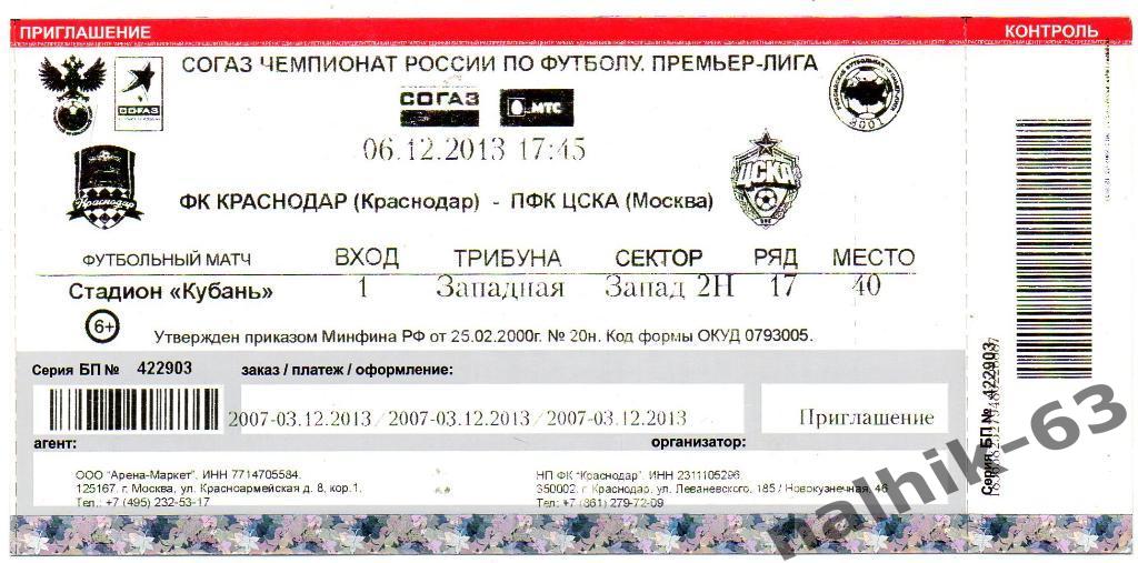 ФК Краснодар-ЦСКА Москва 6 декабря 2013 год