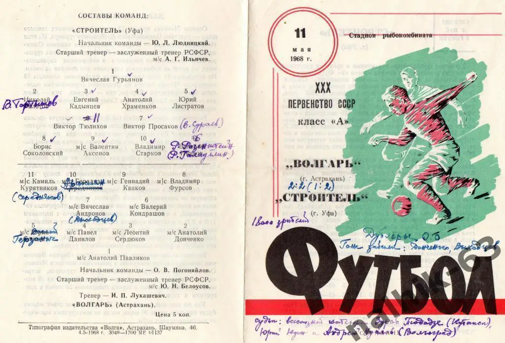 волгарь астрахань-строитель уфа 1968 год