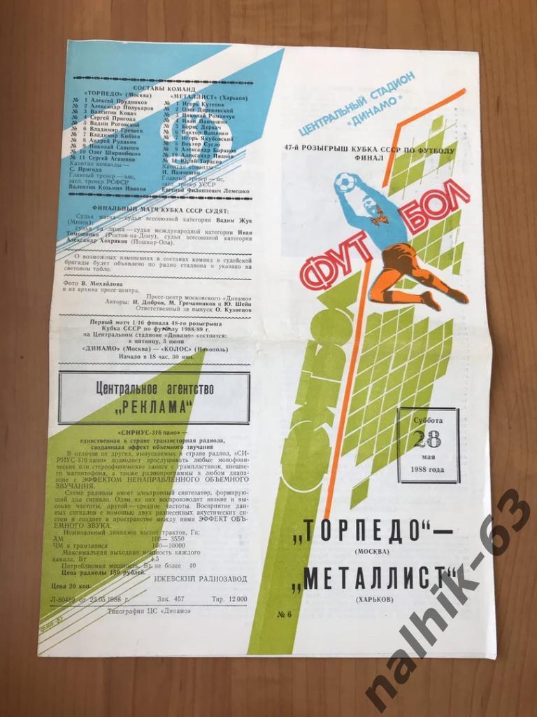 Торпедо Москва - Металлист Харьков 1988 год финал кубка СССР