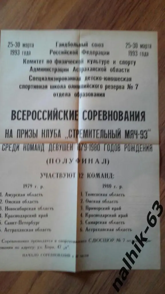 Астрахань 1993 турнир Стремительный мяч среди девушек 1979-1980 года гандбол
