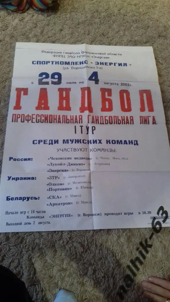 Воронеж, Чехов, Запорожье, Мелитополь, Минск, Южный/2002 год афиша гандбол