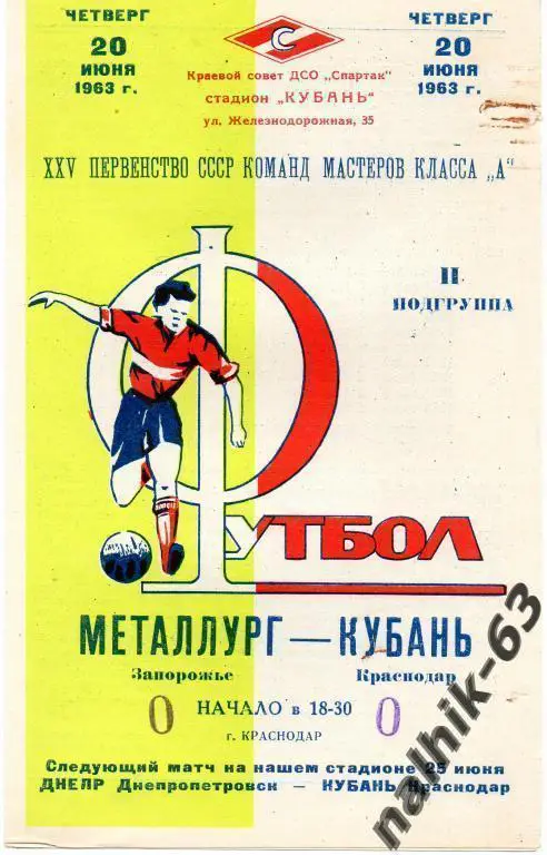 Кубань Краснодар-Металлург Запорожье 1963 год