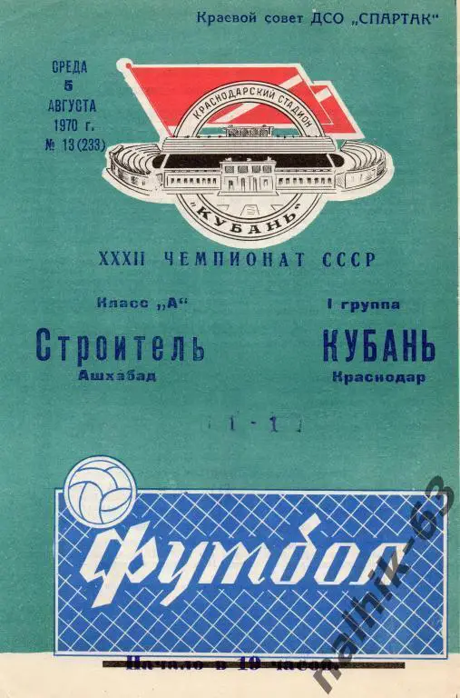 кубань краснодар-строитель ашхабад 1970 год