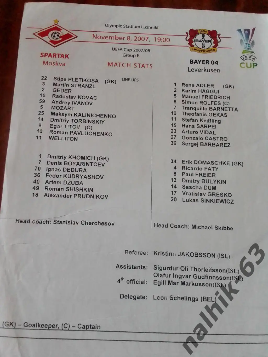 Спартак Москва-Байерн-04 Германия 2007 год стартовый протокол