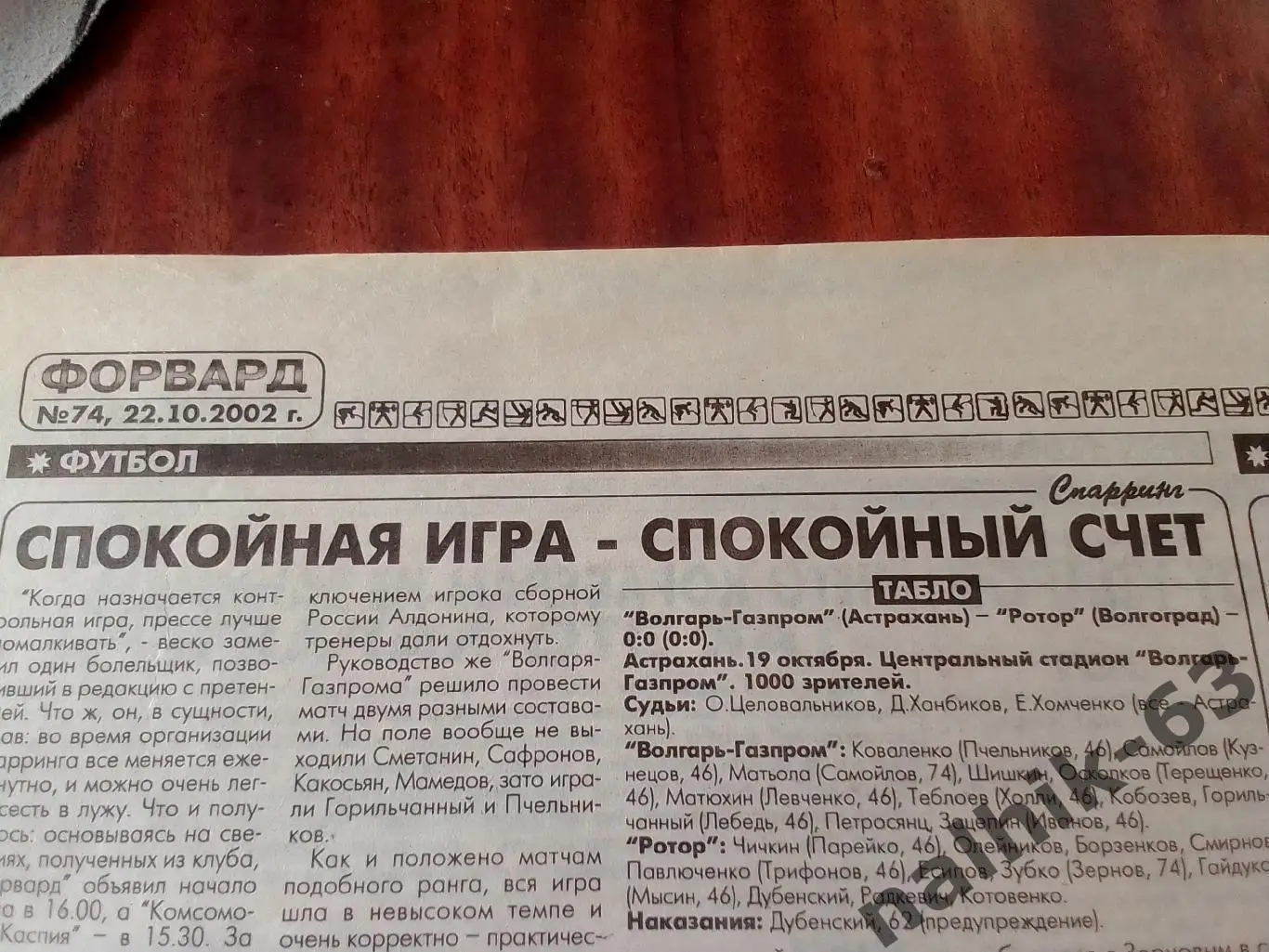 Волгарь Астрахань-Ротор Волгоград 2002 год отчет из газеты