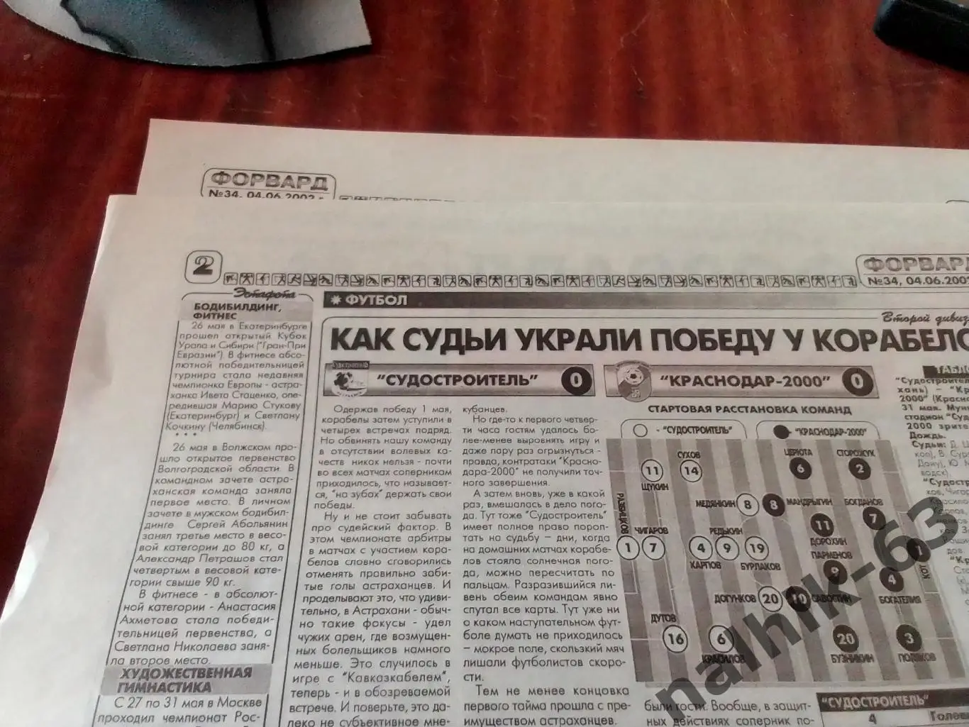 Судостроитель Астрахань-Краснодар-2000 2002 год отчет из газеты Форвард Астрахан