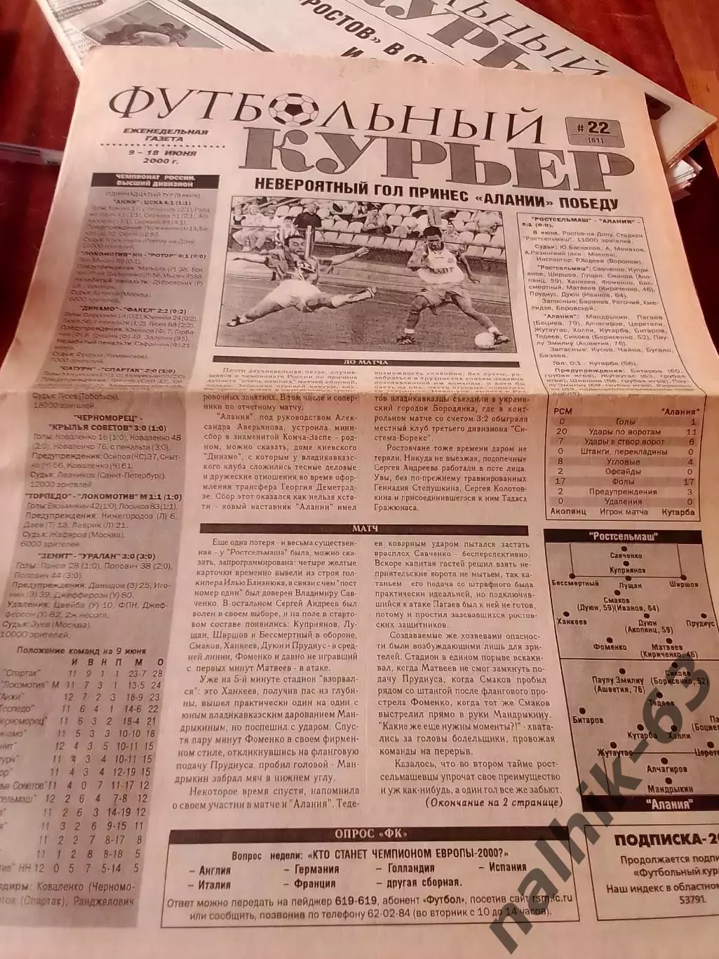 Газета Футбольный курьер Ростов от 9-18 июня 2000 года