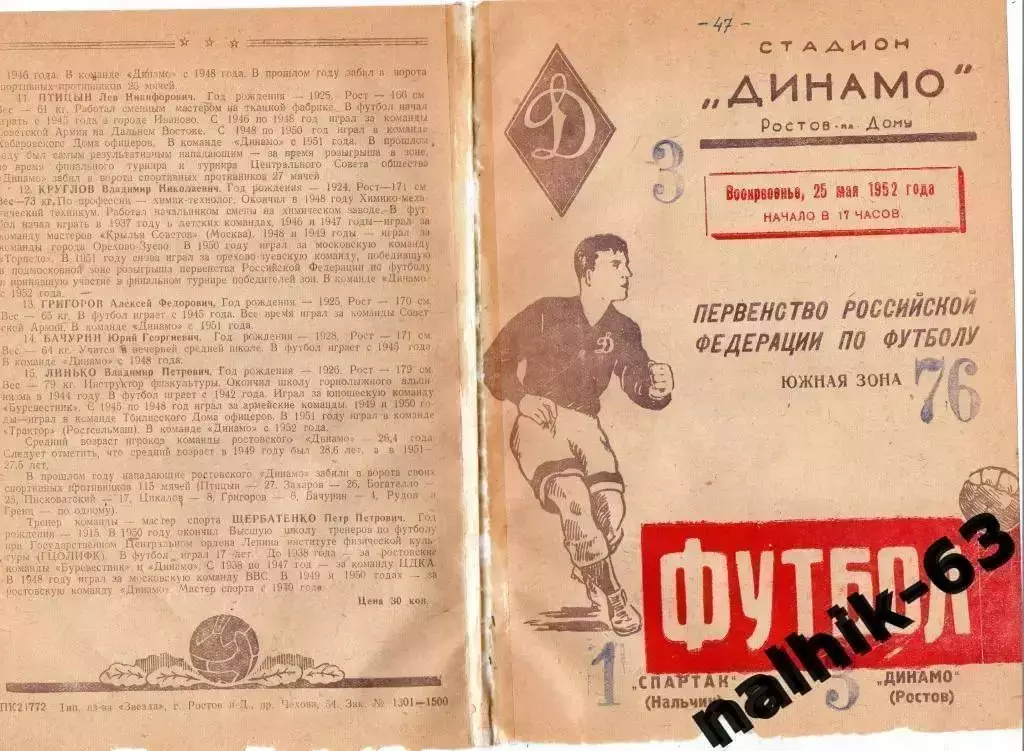 Динамо Ростов-на-Дону- Спартак Нальчик 1952 год