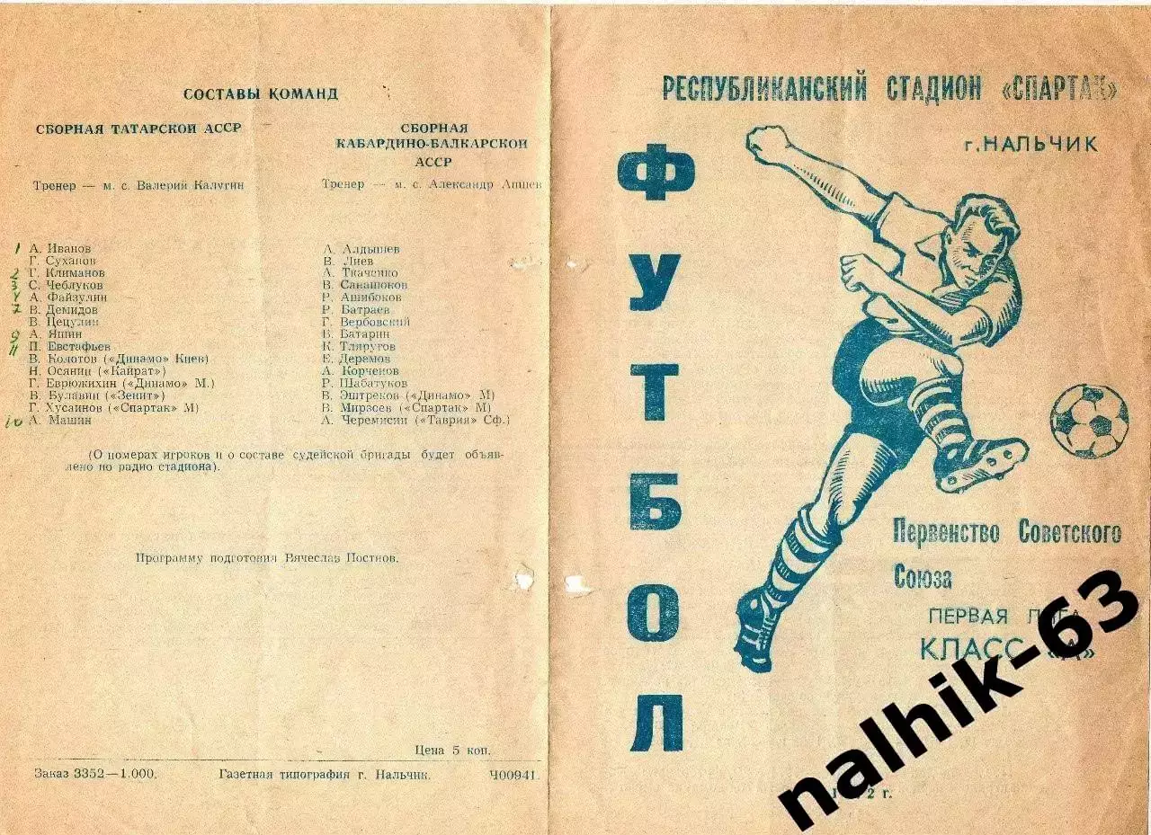 Кабардино-Балкария - Татарская АССР (Казань) 1972 год кубок автономных республик