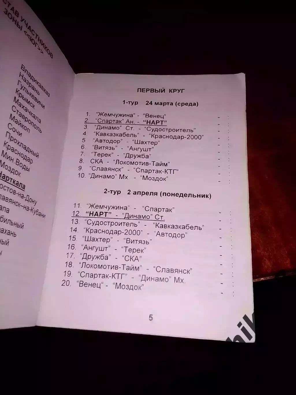 Календарь игр Нарткала 2001 год 1